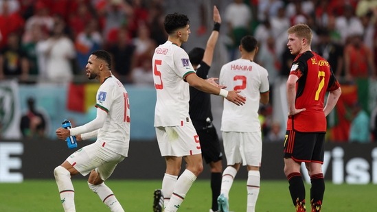 Morocco's Youssef En-Nesyri reacts as a Morocco goal is disallowed after a VAR review