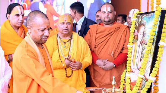 Uttar Pradesh chief minister Yogi Adityanath at the inauguration of the 41st Ramayan Mela in Ayodhya on Sunday. (ANI PHOTO)