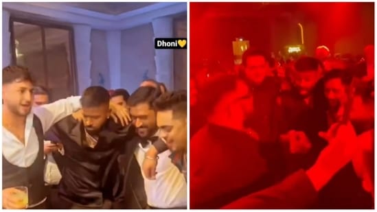 Badshah, Hardik Pandya and MS Dhoni jamming at a party. 