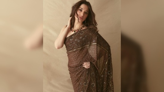 Tamannaah Bhatia added a contemporary touch to her look by teaming her saree with a multi-tourmaline necklace.(Instagram/@stylebyami)