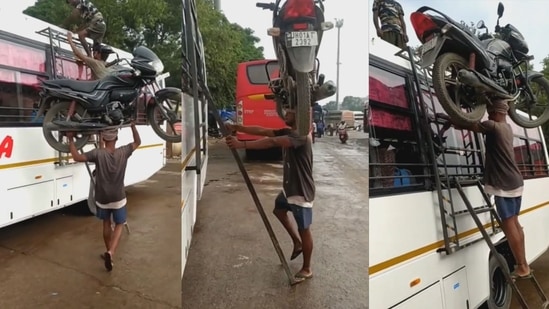 The man is balancing the bike on his head and climbing the ladder to reach the roof of the bus. (Twitter/@Gulzar_sahab)