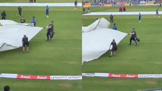 Sanju Samson helps the ground staff.(Twitter)