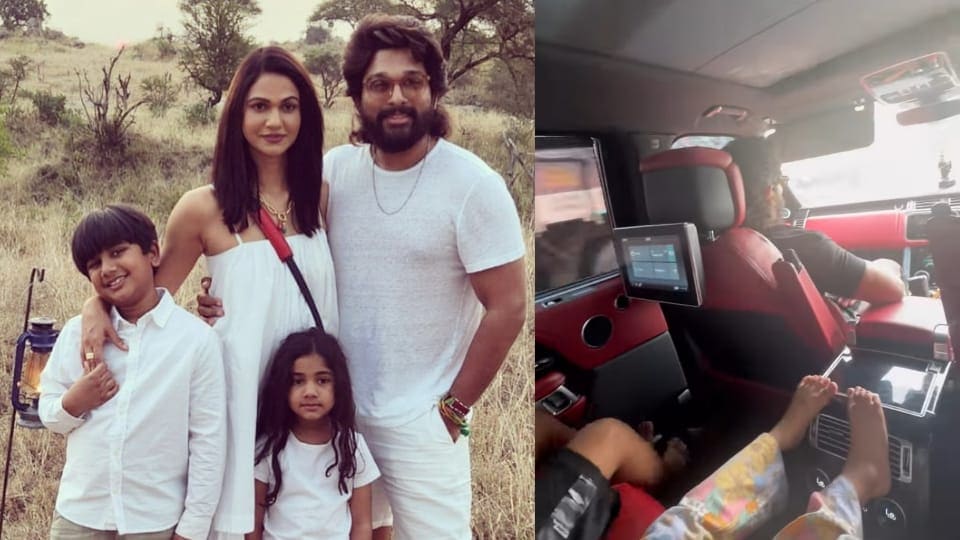 Allu Arjun with wife Sneha Reddy and kids Arha and Ayaan during a recent holiday (left); the actor with his family during a long drive (right). Allu Arjun with wife Sneha Reddy and kids Arha and Ayaan during a recent holiday (left); the actor with his family during a long drive (right).