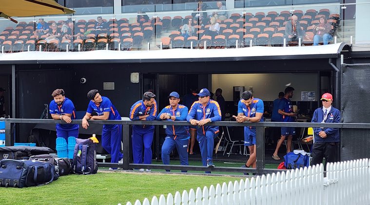 Indian players wait for the action to resume in Hamilton (BCCI/Twitter) Indian players wait for the action to resume in Hamilton (BCCI/Twitter)