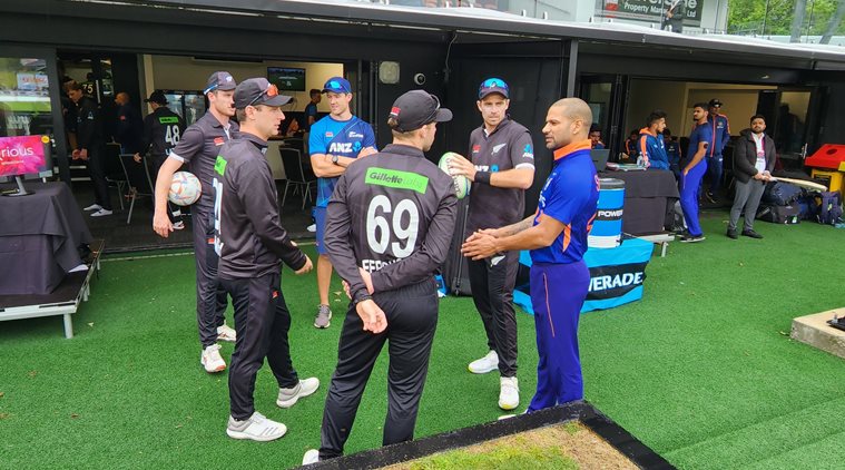 Shikhar Dhawan chats with New Zealand players (BCCI/Twitter) Shikhar Dhawan chats with New Zealand players (BCCI/Twitter)