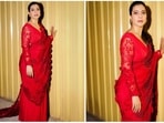 Kajol, who is currently busy with the promotions of Salaam Venky, has lately been setting major style goals with her wardrobe picks. Recently, she stepped out to promote her upcoming film in a red drop-dead gorgeous embellished saree.(Instagram/@kajol)