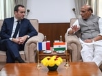 French defence minister Sebastien Lecornu (L) interacts with defence minister Rajnath Singh during a meeting in New Delhi on November 28.(AFP) French defence minister Sebastien Lecornu (L) interacts with defence minister Rajnath Singh during a meeting in New Delhi on November 28.(AFP)