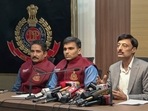 Special CP Crime Ravinder Yadav (right) with Delhi Police, DCP Crime Amit Goel (centre) addresses a press conference in connection with the Pandav Nagar murder case, at PHQ in New Delhi, Monday.(PTI) Special CP Crime Ravinder Yadav (right) with Delhi Police, DCP Crime Amit Goel (centre) addresses a press conference in connection with the Pandav Nagar murder case, at PHQ in New Delhi, Monday.(PTI)