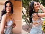 Katrina Kaif in dreamy blue saree and matching blouse for a wedding. Katrina Kaif in dreamy blue saree and matching blouse for a wedding.