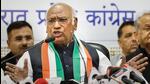 Congress president Mallikarjun Kharge speaks at a Press conference ahead of the upcoming Gujarat Assembly elections in Ahmedabad on Monday (PTI)