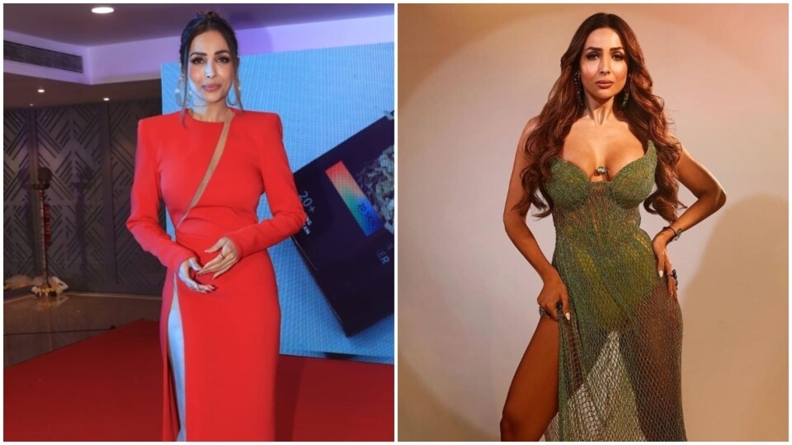 Malaika Arora aces risqué thigh-slit trend in sultry red gown from event and sheer green dress from Aap Jaisa Koi video