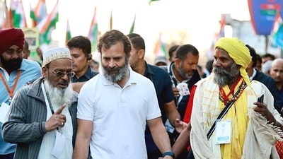 Congress leader Rahul Gandhi walks with the padayatris while participating in the party's Bharat Jodo Yatra, in Khandwa on Saturday. (ANI Photo)