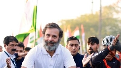 Rahul Gandhi rides a bicycle during the Bharat Jodo Yatra. (Congress/ Twitter) Rahul Gandhi rides a bicycle during the Bharat Jodo Yatra. (Congress/ Twitter)