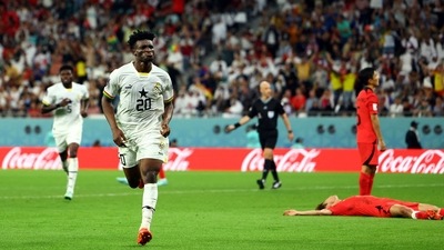 Ghana's Mohammed Kudus celebrates scoring their third goal. (REUTERS)