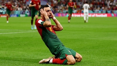 FIFA World Cup 2022: Portugal's Bruno Fernandes celebrates scoring their second goal. (REUTERS)