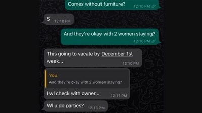 The image shows a part of a WhatsApp chat that she tweeted while sharing about her house-hunting ordeal. (Twitter/@roocheetah)