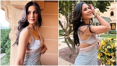 Katrina Kaif in dreamy blue saree and matching blouse for a wedding. (Instagram) Katrina Kaif in dreamy blue saree and matching blouse for a wedding. (Instagram)