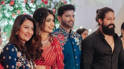 Yash, Radhika Pandit at Aditi Prabhudeva’s wedding reception.