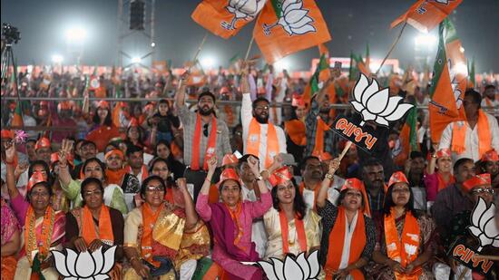 BJP supporters at Prime Minister Narendra Modi's public rally for Gujarat assembly elections in Rajkot on Monday. (ANI) BJP supporters at Prime Minister Narendra Modi's public rally for Gujarat assembly elections in Rajkot on Monday. (ANI)