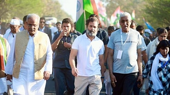 Indore, Nov 26 (ANI): Congress leader Rahul Gandhi with Chhattisgarh Chief Minister Bhupesh Baghel reaches Mhow, the birthplace of Dr BR Ambedkar, during the party's Bharat Jodo Yatra, in Indore on Saturday. (ANI Photo) (AICC)