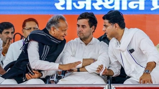 A file photo of Rahul Gandhi with Sachin Pilot and Ashok Gehlot.