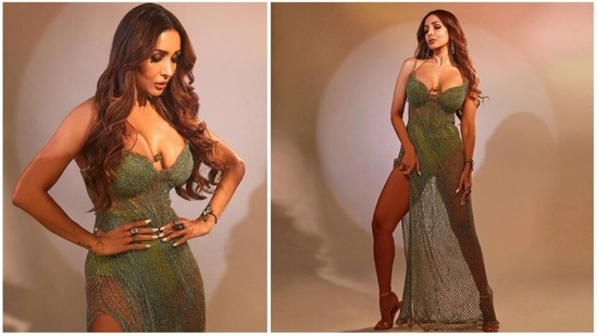 Malaika Arora recently dropped a series of snaps on Instagram of herself in a jaw-dropping see-through fishnet slit dress.(Instagram/@malaikaaroraofficial)