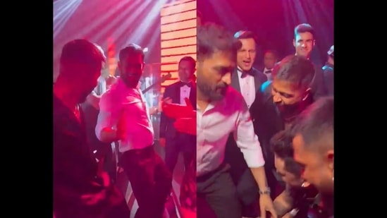 MS Dhoni and Hardik Pandya dancing to various Bollywood songs at a party in Dubai.(Instagram/@hardikpandya93)