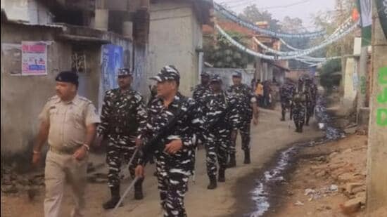 Police personnel in Odisha’s Bargarh district conducting flag march ahead of Padampur assembly bypoll (Twitter/bargarhpolice/Representative image)