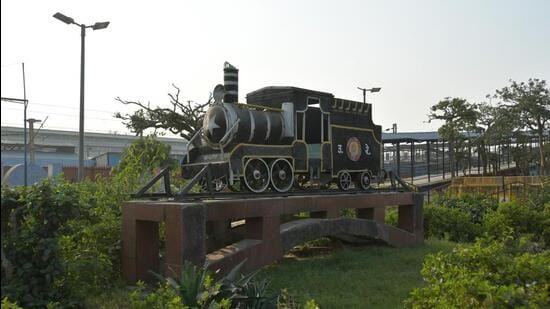 Ghaziabad, India - November 27 2022: An old Railway engine placed outside the Ghaziabad Junction railway station in Ghaziabad , India on Sunday, November 27 . 2022. (Photo by Sakib Ali /Hindustan Times)