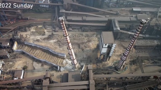 The chimney - 110 metres high - was safely demolished in just 11 seconds and the company tweeted a video of the process, underlining that it had been carried out in a safe, controlled and environmentally friendly manner.(@TataSteelLtd)
