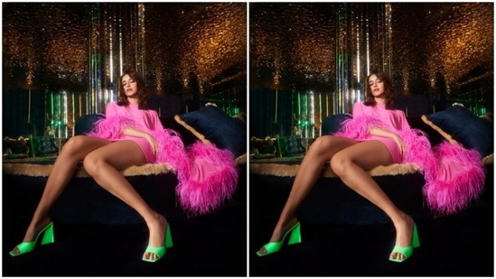 Ananya also shared snippets of herself in a bright pink dress. Ananya picked a short pink dress with feather details at the sleeves. It also came with a dramatic sleeve.(Instagram/@ananyapanday)