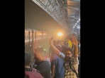 Train arrives after nine hours, people jump in excietment. Train arrives after nine hours, people jump in excietment.