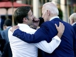 French President Emmanuel Macron whispers to US President Joe Biden. French President Emmanuel Macron whispers to US President Joe Biden.