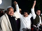 Ashok Gehlot, Sachin Pilot and KC Venugopal a joint press conference in Jaipur.(HT photo) Ashok Gehlot, Sachin Pilot and KC Venugopal a joint press conference in Jaipur.(HT photo)