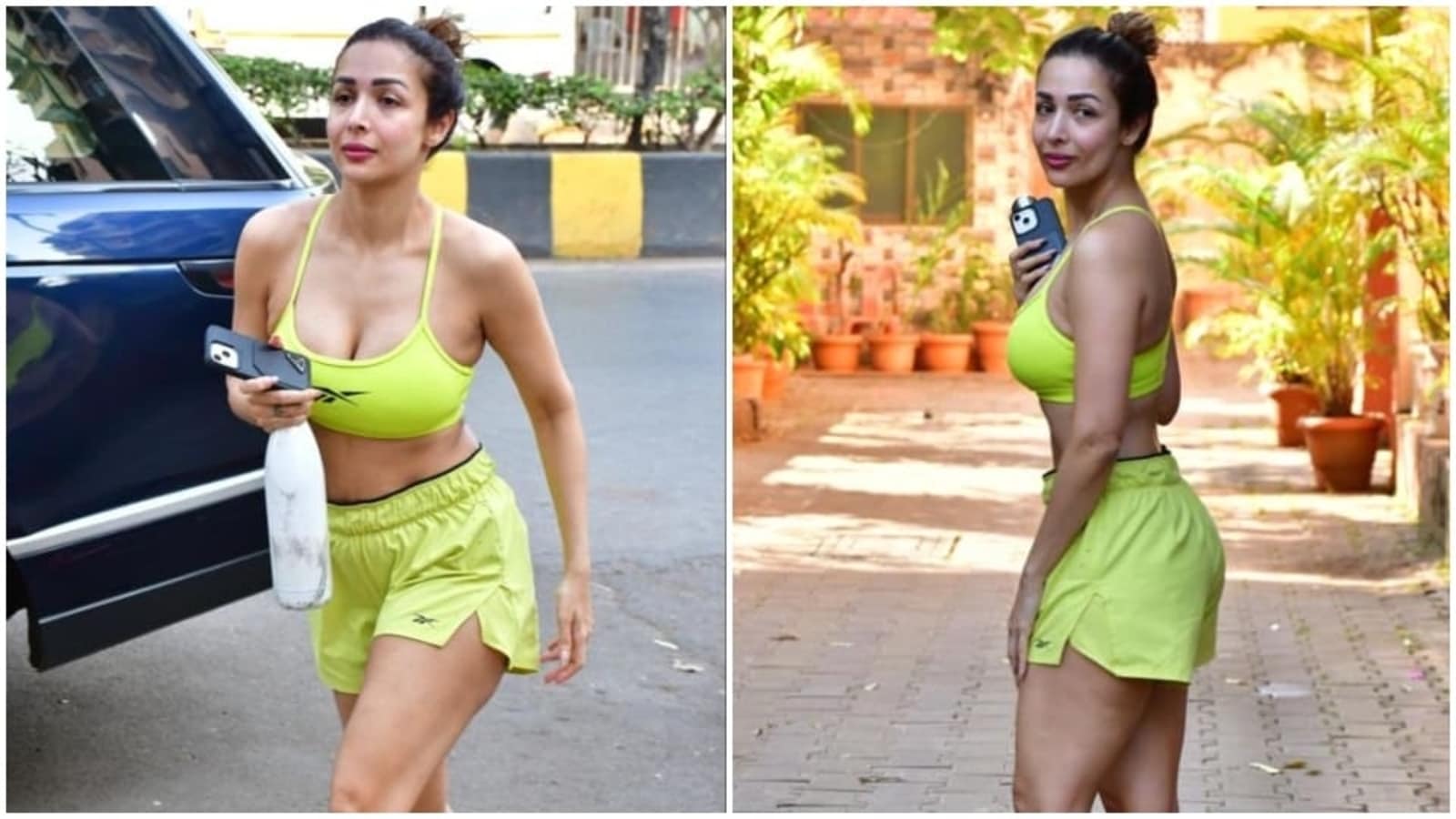 Malaika Arora brings neon magic to workout day in sports bra and shorts:  Check out her bare-faced pics