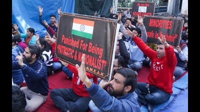 Kashmiri Pandits protesting against Israeli filmmaker Nadav Lapid's remarks on the movie 'The Kashmir Files' outside the Relief Commissioner’s office in Jammu on Tuesday. (PTI)