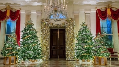 The East Wing is adorned with mirrored Gold Star ornaments bearing the names of fallen service members. (Instagram/@flotus)
