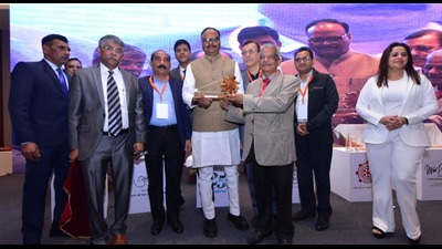 Uttar Pradesh deputy chief minister Brajesh Pathak at the U.P. Leadership Summit on Tuesday. (HT photo)