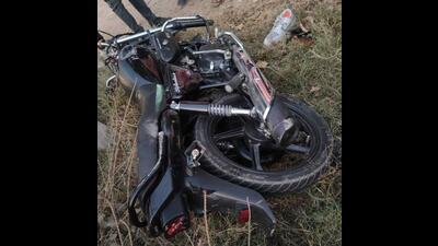 The motorcycle on which the deceased were riding on Mauli-Barwala road on Monday evening. (HT Photos)