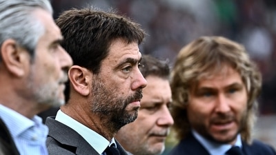 (From L) Juventus's managing director Maurizio Arrivabene, Juventus' President Andrea Agnelli, Juventus Sports Coordinator Federico Cherubini  and Juventus' vice-president Pavel Nedved attend the Italian Serie A football match between Torino and Juventus on October 15, 2022 at the Olympic stadium in Turin. (Photo by Marco BERTORELLO / AFP) (AFP)