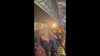 Train arrives after nine hours, people jump in excietment. (Twitter/@bonthu_hardik) Train arrives after nine hours, people jump in excietment. (Twitter/@bonthu_hardik)