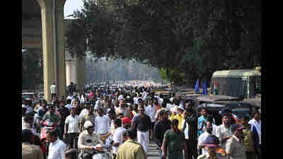 Autorickshaw drivers protest outside RTO on Monday causing traffic congestion. (HT PHOTO)