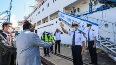 Chinese ballistic missile and satellite tracking ship Yuan Wang 5 at Hambantota port in Sri Lanka in August 2022. Chinese ballistic missile and satellite tracking ship Yuan Wang 5 at Hambantota port in Sri Lanka in August 2022.