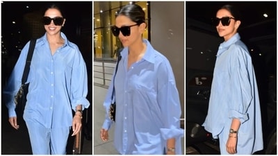Deepika Padukone's comfy airport fashion in a chic oversized shirt and pants. Deepika Padukone's comfy airport fashion in a chic oversized shirt and pants.