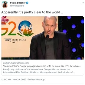 Swara Bhasker reacted to Nadav Lapid's speech at IFFI on Twitter. Swara Bhasker reacted to Nadav Lapid's speech at IFFI on Twitter.