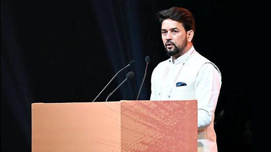 Union information and broadcasting minister Anurag Thakur addressing the 59th Asia-Pacific Broadcasting Union (ABU) General Assembly and Associated Meetings 2022 in New Delhi on Tuesday. (ANI/PIB)