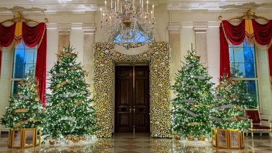 The East Wing is adorned with mirrored Gold Star ornaments bearing the names of fallen service members.(Instagram/@flotus)