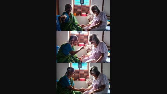 The image, taken from the Instagram video, shows the elderly woman meeting her bestie.(Instagram/@mukilmenon)