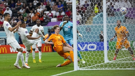 Frankie de Jong of the Netherlands, center, scores his side's second goal (AP) Frankie de Jong of the Netherlands, center, scores his side's second goal (AP)