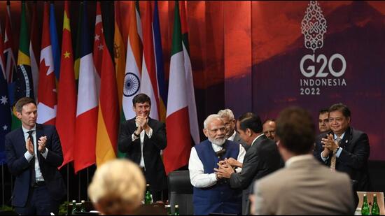 Indonesian President Joko Widodo symbolically hands over the G20 presidency to Prime Minister Narendra Modi in Bali earlier this month. (MEA India) Indonesian President Joko Widodo symbolically hands over the G20 presidency to Prime Minister Narendra Modi in Bali earlier this month. (MEA India)